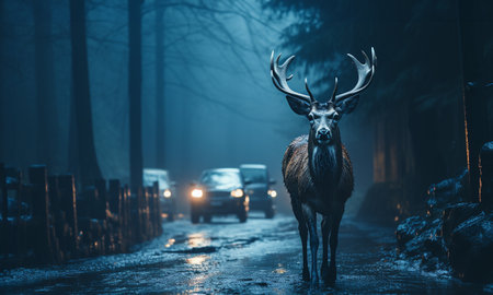 Deer standing on the road in front of car.Close up of a Red deer crossing a road in the Autumn, Wildlife in forest highway copy spaceの素材