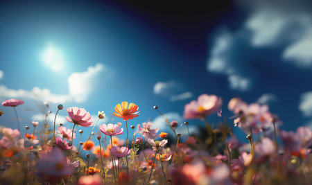 A beautiful, sun-drenched spring summer meadow. Various colorful flowers. Natural colorful landscape with many wild flowers against blue sky. A frame with soft selective focus and copy space space for textの素材
