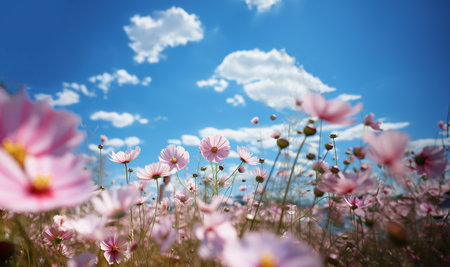 Border of pink cosmos flower in cosmos field in garden with blurry background and soft sunlight for horizontal floral poster. Close up flowers blooming on softness style in spring summer under sunrise and blue sky with copy space space for textの素材