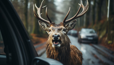Deer standing on the road in front of car.Close up of a Red deer crossing a road in the Autumn, Wildlife in forest highway copy spaceの素材