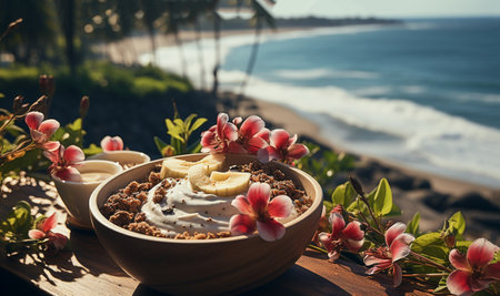 Smoothie bowl with tropical ocean view on summer Holiday.Smoothie bowl with colorful tropical fruits on wooden serving tray, top view from above. Summer healthy diet, vegan breakfast. Bali vegan food Sea backgroundの素材