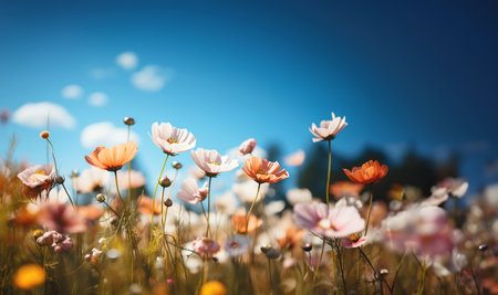 A beautiful, sun-drenched spring summer meadow. Various colorful flowers. Natural colorful landscape with many wild flowers against blue sky. A frame with soft selective focus and copy space space for textの素材