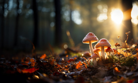 beautiful closeup of forest mushrooms in grass, autumn season. little fresh mushrooms, growing in Autumn Forest. mushrooms and leaves in forest. Mushroom picking concept. Magical soft focus image of a vibrant red mushroom that appears to be glowing in the midst of a natural setting copy spaceの素材