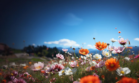 A beautiful, sun-drenched spring summer meadow. Various colorful flowers. Natural colorful landscape with many wild flowers against blue sky. A frame with soft selective focus and copy space space for textの素材