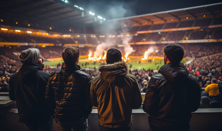 Football hooligans in game. aggressive soccer fans shouting and booing in the crowd. Losing team fans got mad. Furious people complain and protest a mistake made by referee. Soccer hooligans in stadium copy spaceの素材