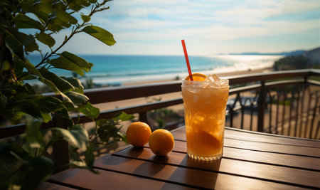 Fresh refreshing orange juice with ocean view. Summer holiday vacation concept with orange juice over sea beach background copy space space for textの素材