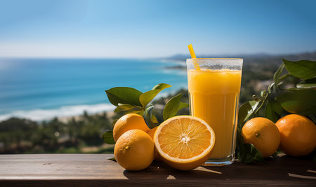 Fresh refreshing orange juice with ocean view. Summer holiday vacation concept with orange juice over sea beach background copy space space for textの素材