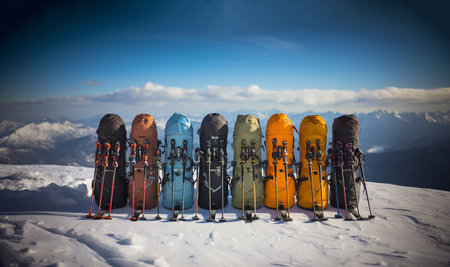Hiking equipment snow Mountains, backpack and ski poles,climbs snowy mountain,winter trekking equipment,hiking,hike,sports with copy space space for textの素材