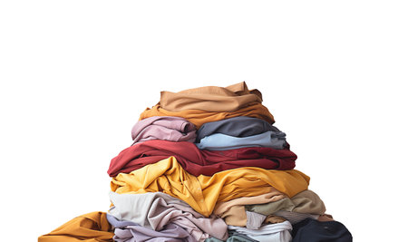 Stack of colorful clothes. Pile of clothing on table empty space background. Laundry and household by the washing machine in clean white room. Isolated on white with copy space space for textの素材