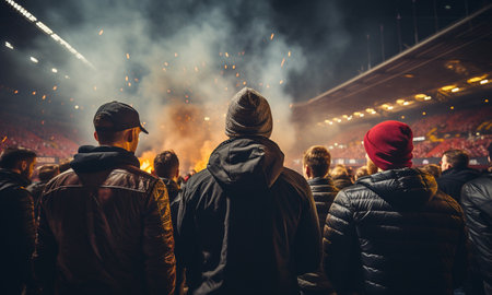 Football hooligans in game. aggressive soccer fans shouting and booing in the crowd. Losing team fans got mad. Furious people complain and protest a mistake made by referee. Soccer hooligans in stadium copy spaceの素材