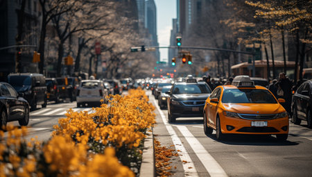 Crowded streets in New York with yellow cab. Busy crowds and traffic New York City Citylifeの素材