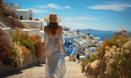 Woman walking in Traditional Greek village. Santorini travel tourist woman on vacation in Oia visiting the famous white village with the Mediterranean sea and blue domes. Europe summer travel destination beautyの素材