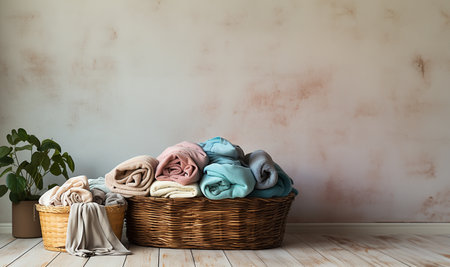 Stack of colorful clothes. Pile of clothing on table empty space background. Laundry and household by the washing machine in clean white room. Modern interior with copy space space for textの素材