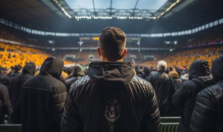 Football hooligans in game. aggressive soccer fans shouting and booing in the crowd. Losing team fans got mad. Furious people complain and protest a mistake made by referee. Soccer hooligans in stadium copy spaceの素材