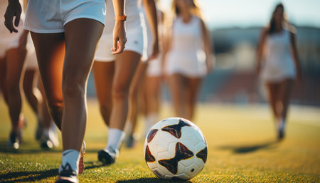 Female soccer football player in sportwear with the ball.Excitement. Young female soccer or football players in sportwear kicking ball for the goal in action at the stadium. Concept of healthy lifestyle, sport, copy spaceの素材