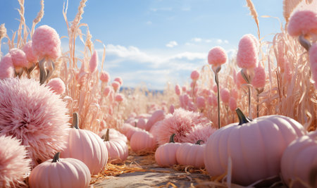 Closeup of fresh autumn fall harvest at farm. Heap of many pink coral color fresh ripe pumpkins. Halloween and Thanksgiving concept. Pastel pink season concept creativeの素材