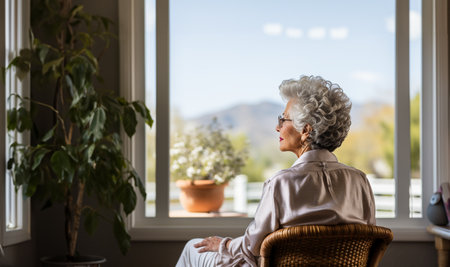 Lonely Pensive mature woman sit in living room look in distance window thinking of lonely life, thoughtful elderly female rest at home feel melancholic, miss old days, solitude concept copy spaceの素材