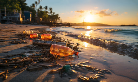 Plastic waste on beach. Spilled garbage on the beach of the big city. Empty used dirty plastic bottles. Dirty sea sandy shore the Black Sea. Environmental pollution. Ecological problem. Bokeh moving waves in the background tropical Island. Close up on plastic sunsetの素材