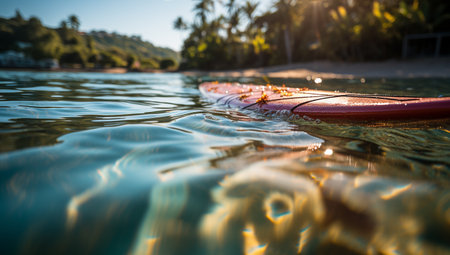 Surfboard lies on tropical beach with ocean view. Travel adventure and water sports. relaxation and summer vacation concept. vintage color tone image. Water sports, leisure, surfing copy space space for textの素材