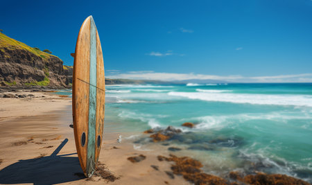 Surfboard lies on tropical beach with ocean view. Travel adventure and water sports. relaxation and summer vacation concept. vintage color tone image. Water sports, leisure, surfing copy space space for textの素材