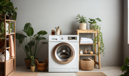 Stylish Laundry room interior. Modern washing machine and laundry basket near white wall indoors, space for text. Bathroom interior copy space. Scandinavian design modernの素材