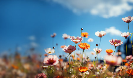 Wildflowers colorful various flowers in field.Colorful wildflower meadow with sunshine and blue sky background.Summer flower meadow - Holiday time in the garden copy spaceの素材
