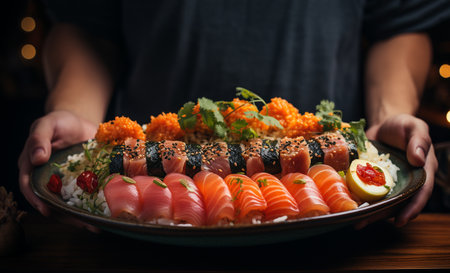 Sushi set uramaki and spicy sushi rolls served on bamboo tray. Various kinds of sushi pieces served on black slate with wooden chopstick. Japanese traditional food with bamboo service. Uramaki sushiの素材