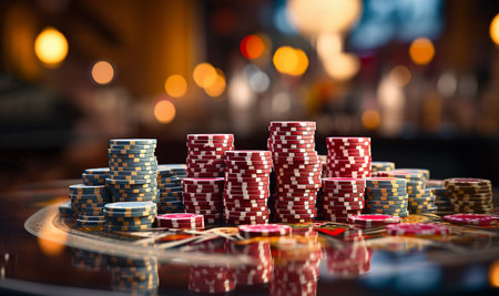 Poker Chips on a gaming table with dramatic lighting in casino on poker table, Close up on chips of gambling game copy space space for textの素材