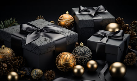 Christmas New Year black Christmas presents with gold decoration.Christmas Flat Lay Background. Black Baubles on Dark Black Background. Minimalistic design. Copy Space. Horizontal. top view Festiveの素材