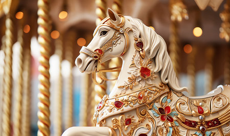 Carousel with colorful horses at amusement park, Merry go round with horse, Vintage ride attraction for children. Traditional horse in carousel on fair. Colorful sparkling lights beautyの素材