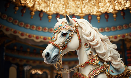 Carousel with colorful horses at amusement park, Merry go round with horse, Vintage ride attraction for children. Traditional horse in carousel on fair. Colorful sparkling lights beautyの素材