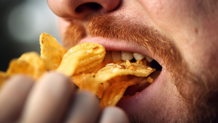 Person eating delicious potato chips. Close up of mouth eating potato chips. Chips with teeth. Tasty delicious fast food. Eating crisps. Fast food close-up unhealthy snack tastyの素材