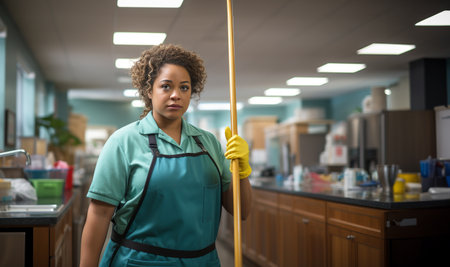 Cleaner lady at work clean empty office. Cleaner woman at work wearing cleaning outfit. Cleaning service space for textの素材