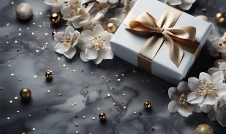 Christmas presents on concrete backgound.Merry Christmas and Happy Holidays greeting card, frame, banner. New Year. Noel. Christmas white handmade gifts and red decor on light background top view. Winter xmas holiday theme. Flat lay festiveの素材