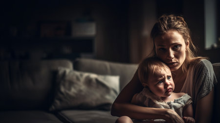 Postnatal depression. Mother suffering and baby crying desperately sitting on a couch in the living room at home dark mood copy spaceの素材