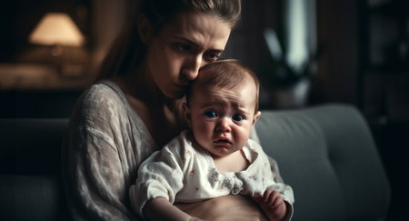 Postnatal depression. Mother suffering and baby crying desperately sitting on a couch in the living room at home dark mood copy spaceの素材