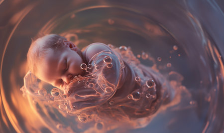 Human fetus in the womb prior to birth, approx 12 - 16 weeks after conception. Human fetus baby concept inside pregnant woman's belly. Unborn baby embryo during pregnancy space for textの素材