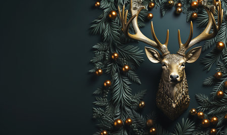Christmas decoration gold and green, decorative deer with gold baubles.Merry Christmas, Stylish christmas border with festive decorations,fir branches on green background. Christmas flat lay, seasons greetings card template, space for text copy spaceの素材