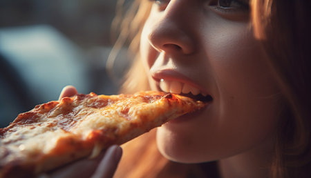 Eating pizza slice close up mouth. Eating Food. Close-up Of People Hand Taking Slices Of Pepperoni Pizza. Fast Food, Leisure, Lifestyle. Unhealthy fast food concept deliciousの素材
