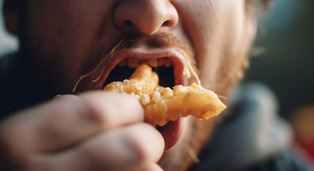 Mouth of man eating French fries. Fast food and people concept, close up of happy man eating french fries. Unhealthy fast food concept close upの素材