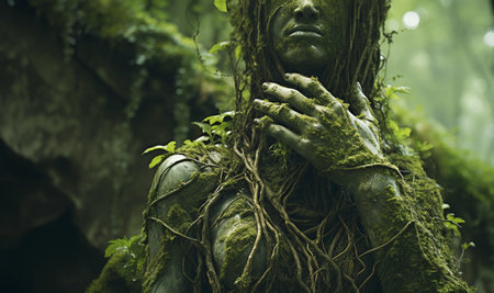 person developed as plant in forest. Fantasy embracing nature.Environmental technology concept. Sustainable development goals. SDGs. natural energyの素材