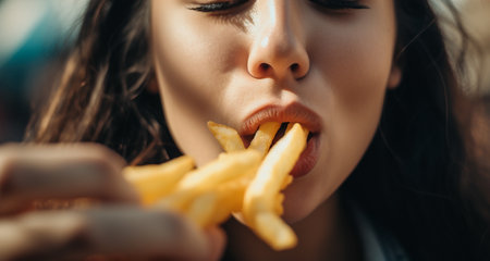 Mouth of young woman eating french fries. Cheat meal concept. Pretty woman eats french fries containing many calories being fast food lover has mouth full of chips unhealthy foodの素材