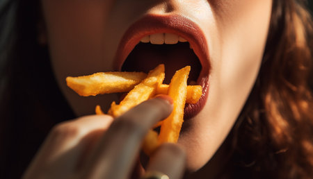 Mouth of young woman eating french fries. Cheat meal concept. Pretty woman eats french fries containing many calories being fast food lover has mouth full of chips unhealthy foodの素材
