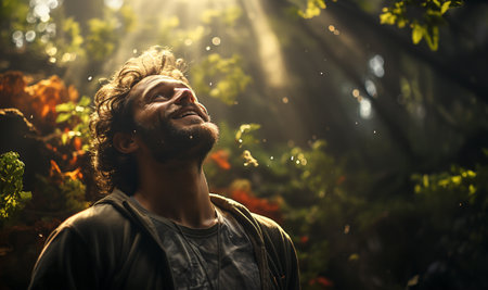 Handsome man breathe pure air from trees in forest, embracing nature. Happy and have a good healthy life. Nature energy copy spaceの素材