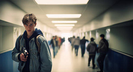 Active shooter taking gun in classroom ready for mass school shooting. Boy student with machine gun by high school shooting concept copy space space for textの素材