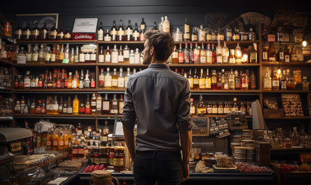 A young man in a supermarket chooses alcohol in the wine section. Man in liquor store looking at the wine section alcohol drinks concept copy spaceの素材