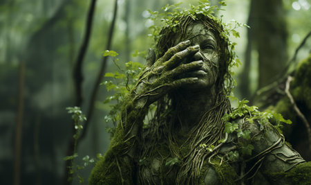 person developed as plant in forest. Fantasy embracing nature.Environmental technology concept. Sustainable development goals. SDGs. natural energyの素材