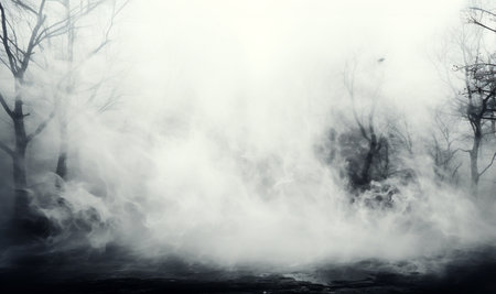 Dark scary mystery forest with fog. Gloomy dark scene with trees, Smoke, shadow. Abstract dark, horror background. Night view. with copy space Space for textの素材