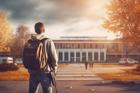 Active shooter taking gun in classroom ready for mass school shooting. Boy student with machine gun by high school shooting concept copy space space for textの素材