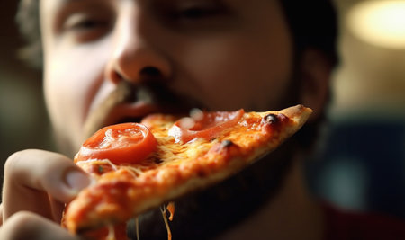 Eating pizza slice close up mouth. Eating Food. Close-up Of People Hand Taking Slices Of Pepperoni Pizza. Fast Food, Leisure, Lifestyle. Unhealthy fast food concept deliciousの素材